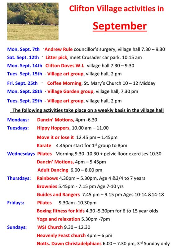 Clifton Village Diary Dates: September,2026