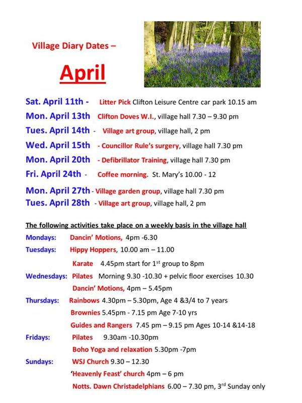 Clifton Village Diary Dates: April,2026